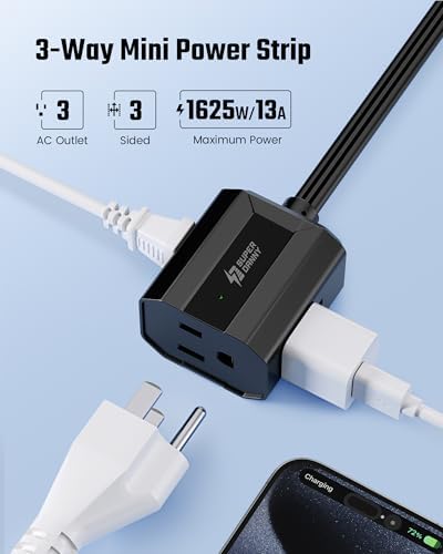 Short Extension Cord 3Ft, SUPERDANNY Mini Flat Plug Power Strip, 13A Indoor - Image 3