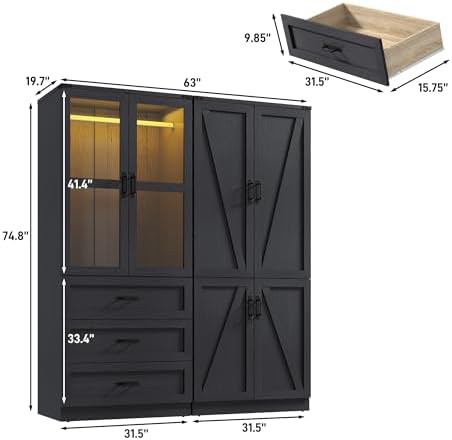 75" Tall Farmhouse 4 Doors Armoire Wardrobe Closet with 3 Drawers and LED,Freestanding Closet Wardrobe Cabinet for Bedroom with Hanging Rod,Wooden Armoire Storage Cabinet with Adjustable shelve(Black) - Image 2