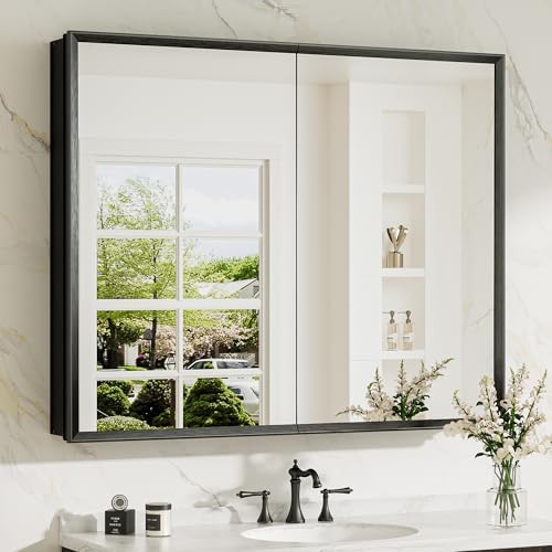 TokeShimi 40 x 32 Black Recessed Medicine Cabinet with Mirror, Assembly Required, Bathroom Mirror Cabinet, Steplessly Adjustable Shelves, Beveled Aluminum Frame, Tempered Glass by TokeShimi
