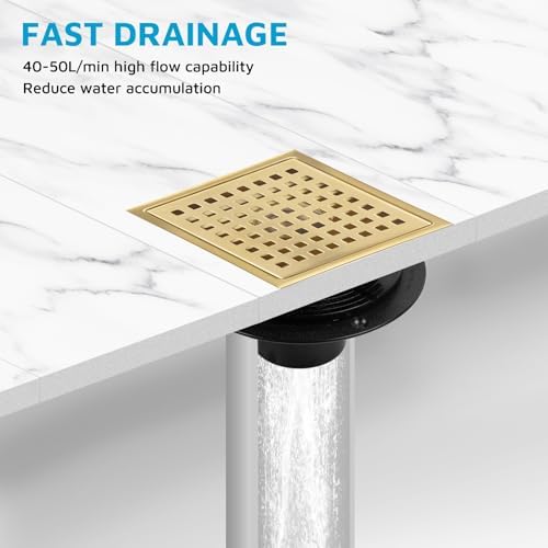 6" Square Shower Drain with Flange, Brushed Gold, Grate Removable - Image 7