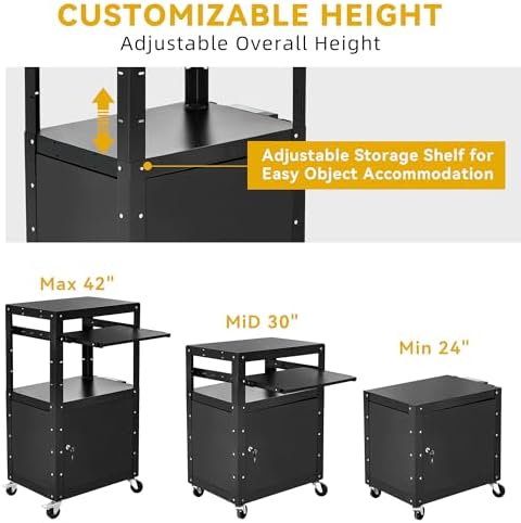 DWVO AV Cart with Locking Cabinet for Projector Laptop Presentation Black - Image 7