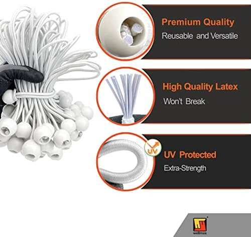 Wellmax 50 Pack 9 Inch Ball Bungee Cords, Heavy Duty 5mm, White - Image 2