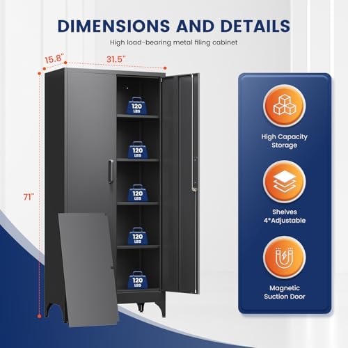 Yizosh Metal Garage Storage Cabinet with 2 Doors and 4 Adjustable Shelves - 71" Steel Lockable Filing Cabinet,Locking Tool Cabinets for Home,Office,Garage,Gym,School - Image 3