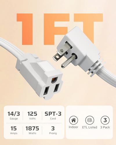 DEWENWILS 1 FT Extension Cord with 3-Prong Flat Plug, 14/3, 3-Pack, White - Image 2