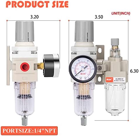 RIH Pneumatics 1/4“ NPT Compressed Air Filter Regulator Lubricator Combo Water/Oil Trap Separator - Gauge(0-150 psi), Auto Drain and Manuall-Drain,Poly Bowl,Bracket - 3 in 1 Two Unit - Image 3
