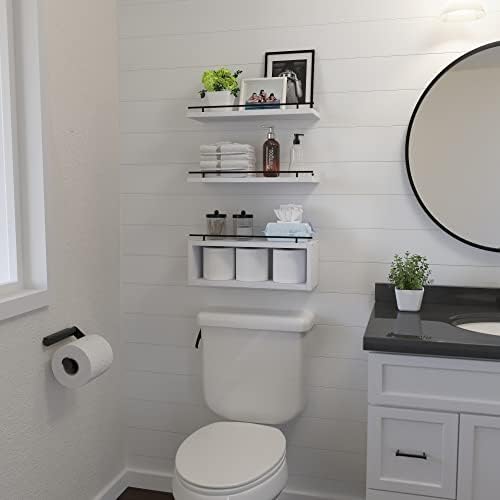 WOPITUES Floating Shelves for Wall with Cube Shelf, Wall Shelves with Metal Rail for Decor, Bathroom Organizers and Storage, Over Toilet Shelves for Bathroom, Toilet Paper-White - Image 4