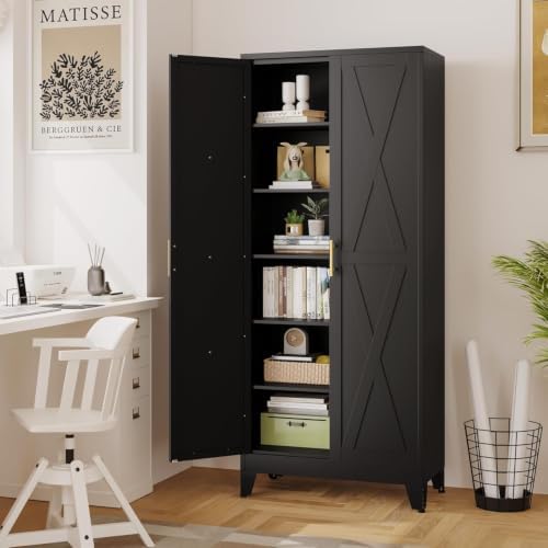 75" Metal Storage Cabinet with 2 Doors and 5 Adjustable Shelves,Black Farmhouse Kitchen Pantry Cabinet,Steel Garage Tool Cabinet,File Cabinetfor Home,Office,Dinning Living Room,Warehouse - Image 2