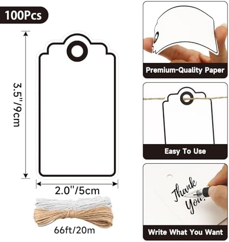 Anwyll Gift Tags with String - 100Pcs Black Gift Bag Tags Personalized White Blank Hanging Paper Label Tag for Baby Shower Birthday Party Wedding Christmas Favor Present - Image 3
