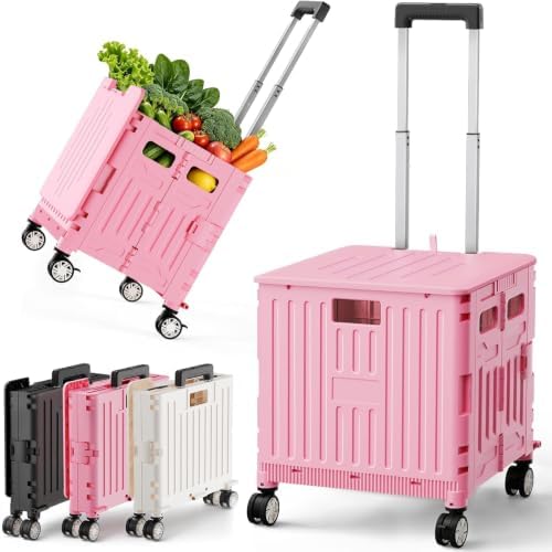 SUNALLY Folding Utility Cart Rolling Crate Handcart Shopping Trolley, Pink by SUNALLY