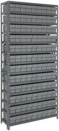 Quantum 1275-501GY Heavy Duty Shelving Unit with (13) Shelves and (108) QED501 Gray Bins for Garage Warehouse Storage Distribution | 400 lb Load Capacity | 12"D x 36"L x 75"H, Galvanized Carbon Steel by QuantumStorageSystems