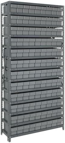 Quantum 1275-501GY Heavy Duty Shelving Unit with (13) Shelves and (108) QED501 Gray Bins for Garage Warehouse Storage Distribution | 400 lb Load Capacity | 12"D x 36"L x 75"H, Galvanized Carbon Steel by QuantumStorageSystems