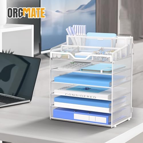 6 Tier Mesh Paper Desk Organizer with Pen Holders, White - Image 6
