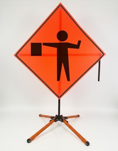 Traffic Roll-Up Sign Kit with Stand – Collapsible Safety Sign & Heavy-Duty Portable Stand, High Visibility, Easy Setup (Flagger Symbol, Mesh) by EASTERNMETALSIGNSANDSAFETY