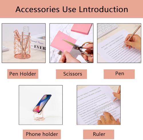 suniya Office Supplies,Rose Gold Desk Accessories,with Stapler,Tape Dispenser,Pen Holder,Scissors,Phone Stand,Staple Remover,Ballpoint Pen,Clear Tape,Staples,Ruler,Clips,Best Gift for Business or Boss - Image 3