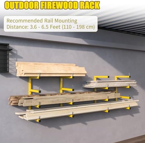 2-Pack Lumber Storage Rack, Wood Storage Racks Wall Mount, Heavy Duty Garage Wood Organizer with 4-Level System, Yellow Utility Rack Organization Up 800 Lbs, Metal Lumber Shelf for Indoor and Outdoor - Image 7