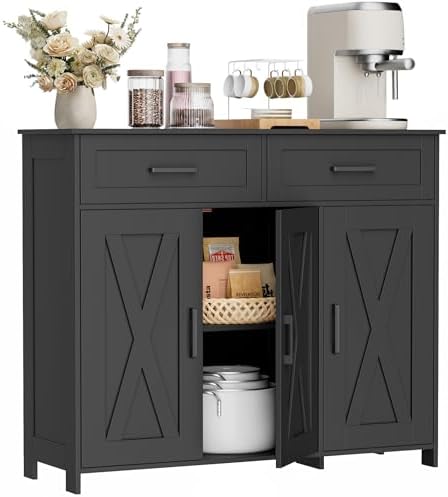 Homhedy Coffee Bar Storage Cabinet with Drawers, Kitchen Buffet Cabinet - Image 3