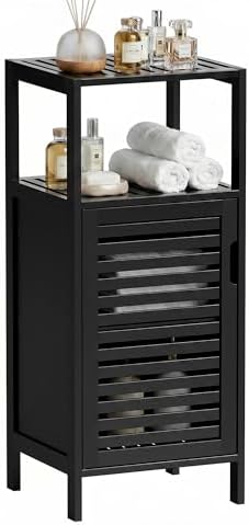 HITNET Bamboo Floor Cabinet, Small Bathroom Cabinet Floor Standing, 4 Tier Narrow Side Storage Cabinet, Space Saving Kitchen Cupboard with Single Door, Black by HITNET
