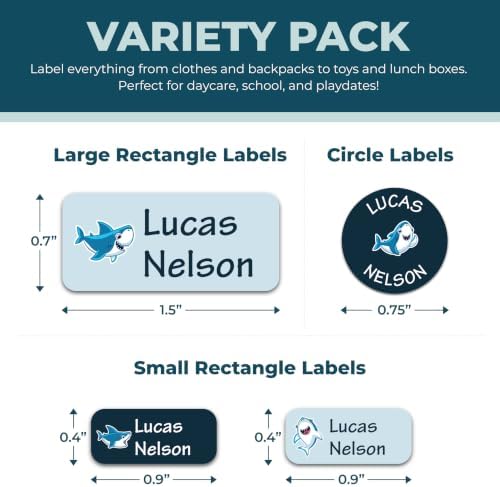 Bunny Badges Personalized Name Labels for Kids (70 Labels) - Custom Waterproof Name Stickers for Daycare, Clothing Tags, Water Bottles, Lunch Boxes and School Supplies (Sharks) - Image 2
