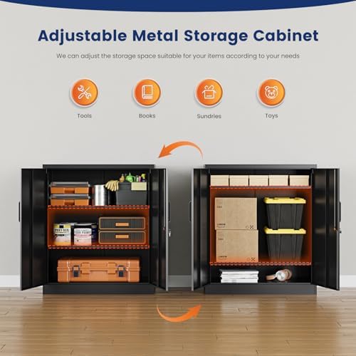 Yizosh Metal Garage Storage Cabinet with 2 Doors and 2 Adjustable Shelves - 35.5" Steel Lockable File Counter Cabinet for Home Office,Garage,Gym,School（Black） (Pack of 2) - Image 4