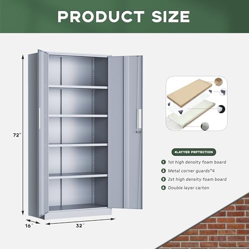 Greenvelly Metal Garage Storage Cabinet, 72” Tall Locking Steel Cabinet with 2 Doors and 4 Adjustable Shelves, Utility Metal Filing Cabinet with Lock for Home, Office, Garage, School (Dark Grey) - Image 3