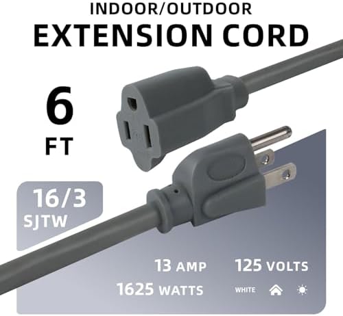 EP 6 FT Outdoor Extension Cord, 16/3 SJTW Heavy Duty Grey 2PK, ETL Listed - Image 2