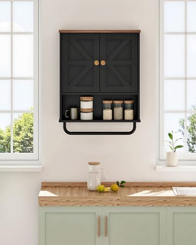 CHOEZON Bathroom Wall Cabinet, Medicine Cabinet with Open Partition and Towel Bar, Rustic Storage Cabinet with Open and Hidden Storage Space, for Bathroom, Living Room, Kitchen, Black and Walnut - Image 4