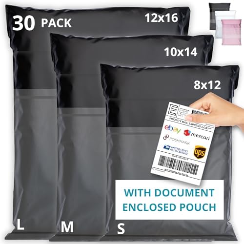 Shipping Bags (30 Pack) with Label Pouch - 8x12, 10x14 & 12x16 - Poly Mailers for Clothes, Self-Seal Plastic Mailing Envelopes - Tear & Water-Resistant Packaging Bags for Clothing, Not Padded by Emballax
