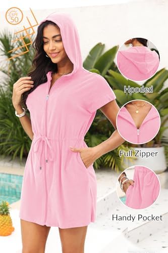 Womens Terry Cloth Cover Up Hooded Swim Cover with Zipper and Pocket - Image 3