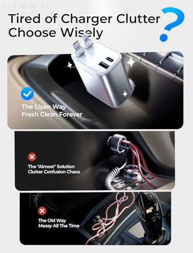 LISEN Retractable Car Charger for iPhone, for iPhone 17 Pro Max 16 15 14 13 12 Plus Mini, Cute 4 in 1 Retractable USB C Car Charger Fast Charge for Women Men, 84W Fast Charging Car Accessorie - Image 3