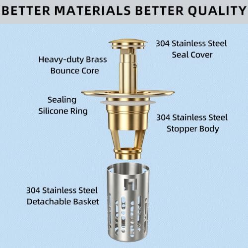 3 in 1 Bathroom Sink Drain Strainer, Universal Pop Up Bathroom Sink Stopper with Removable Hair Catcher Anti-Clog Filter Basket Brass & Stainless Steel Brushed Gold 2 PCS - Image 6