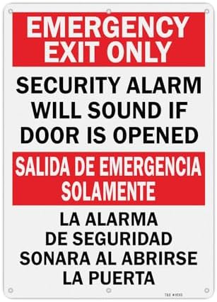 T&R Large Emergency Exit Only Bilingual Sign Security Alarm Will Sound If Door Is Opened - 1 Pack - 14 x 10 Inches Rust Free .040 Aluminum Reflective - UV Protected, Waterproof, Weatherproof and Fade Resistant - 6 Pre-drilled Holes by TR