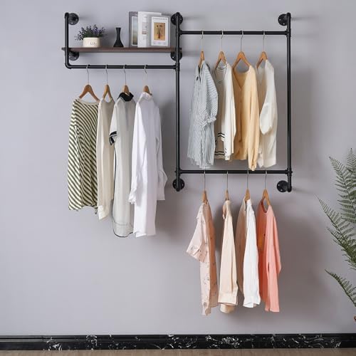 Industrial Pipe Clothing Rack, Wall Mounted Heavy Duty Garment Rack with Wood Shelf, Rustic Metal Closet Organizer for Bedroom, Laundry Room & Retail Store Display, Black, 58”W x 12”D x 46”H by EDCB