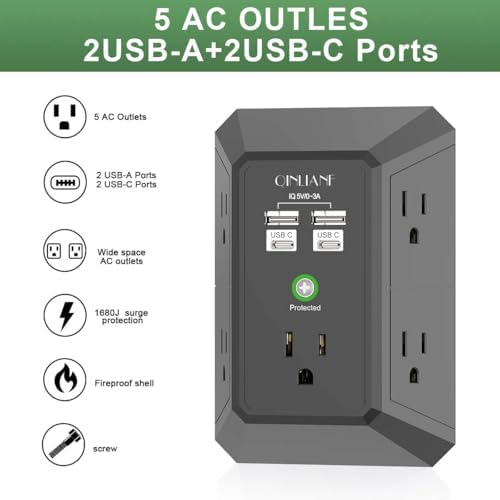 Surge Protector, QINLIANF 5 Outlet Extender with 4 USB Ports(2USB-C) - Image 2