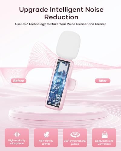 Wireless Microphone for iPhone iPad and Android Phone, 2 Pack Wireless Lavalier Lapel Mic with Noise Reduction, Plug and Play Mini Microphone for Video Recording Interview YouTube TikTok Vlog (Pink) - Image 5