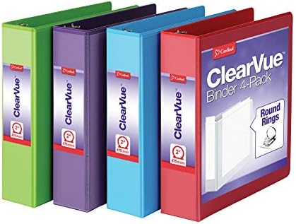 Cardinal 3 Ring Binders, Binders for School and Office, Durable 2 Inch Binder with Round Rings, Holds 475-Sheets, ClearVue Covers, Non-Stick, PVC-Free, Assorted Colors, 4 Pack (29311) by TOPSProducts