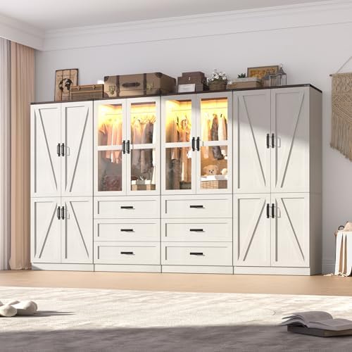 75" Tall Farmhouse 8 Doors Armoire Wardrobe Closet with 6 Drawers and LED,Freestanding Closet Wardrobe Cabinet for Bedroom with Hanging Rod,Wooden Armoire Storage Cabinet(Rustic Off White 8 Doors) by Hlivelood