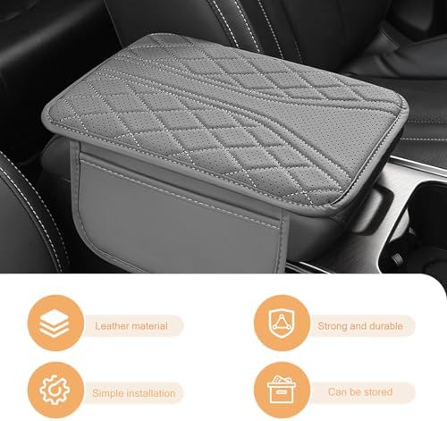 Car Center Console Pad, Leather Car Armrest Box Pad Cover, Vehicle Armrest Protector Cushion with 2 Storage Bags, Universal Arm Rest Pad for Car Interior Accessories Protect (Gray) - Image 3