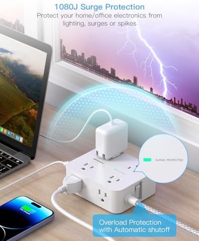 10Ft Extension Cord with Multiple Outlets, Surge Protector Power Strip 10 Ft Cord, 8 Outlets 4 USB Ports(2 USB C), Flat Outlet Extender, Desk Charging Station for Home Office College Dorm Essentials - Image 6