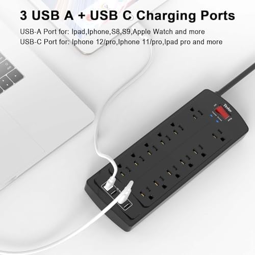 Yintar 6Ft Surge Protector Power Strip with 12 Outlets and 4 USB Ports - Image 3