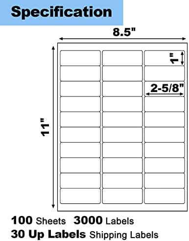 100 Sheets 3000 Pcs 30 Up 1" x2-5/8 Shipping Address Barcode Labels for Laser & Inkjet Printers, 1x2.625 FBA Labels on US Letter, 30 per Sheet Return Address Labels, 30 per Page (Pack of 2) - Image 2