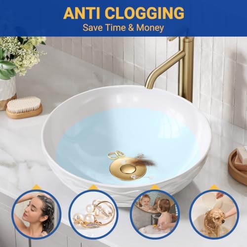 Bathroom Sink Drain Strainer, Pop-Up Bathroom Sink Stopper with Removable Stainless Steel Hair Catcher Basket, Universal Fit for US Bathroom Sinks, Showers & Floor Drains (2pcs-Gold) - Image 3