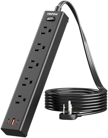 5FT Surge Protector Power Strip, 1700J, 5AC&1A2C, Flat Plug Extension Cord by HOPOW