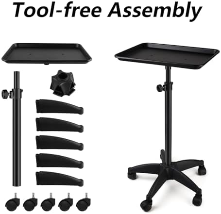 Salon Tray Cart on Wheels,Adjustable Height Rolling Tray,Aluminum Tattoo Tray,for Hair Salon,Beauty Spa,Tattoo Work Table and Hair Stylist Storage (Black) - Image 4
