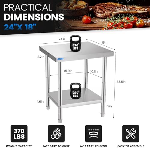 KUARBARR Stainless Steel Table for Prep & Work with Undershelf 18 x 24 Inches NSF Metal Commercial Kitchen Prep Table with Adjustable Under Shelf Worktable for Restaurant Home Outdoor - Image 2