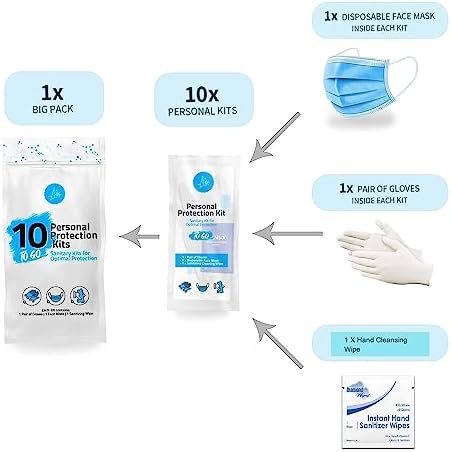 Personal Protection Kits – Mini 3 Item 10 PACK | Convenience on the Go | Individually wrapped pack for travelling | PPE Kit | Plastic Gloves, Hand Cleansing Wipes, Disposable Face Mask (Green) - Image 2