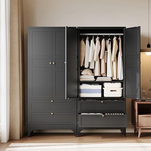 Letaya Metal Armoire Wardrobe Closet with Drawers,Clothing Storage Cabinet with Doors and Shelves,Coat Closet with Hanging Rod,Bedroom,Home,Cloak Room,Black-71 H x 32" W x 18" D - Image 2