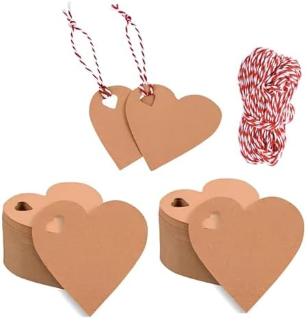 100PCS Heart Shaped Kraft Paper Gift Tags with 33 Feet Twine, Brown Blank Hang Tags for Wedding Favors, Valentines Day Present Wrapping, DIY Crafts and Party Name Labels by Ycfish