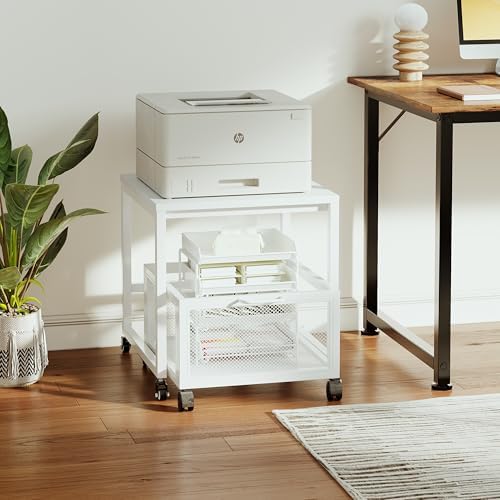 VERMESS End Table, 19.7" Mini Fridge Stand with Storage, Printer Stand with Storage Drawer, Rolling File Cabinet Cart with Wheels, Mobile Printer Beverage Fridge Table for Home Office Bedroom (White) - Image 7