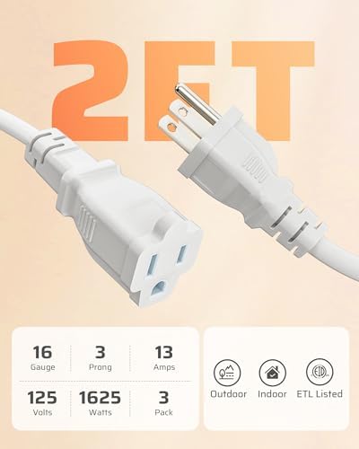 DEWENWILS 2FT Extension Cord,16/3 SJTW, 13A, ETL Listed, Black, 3 Pack - Image 6