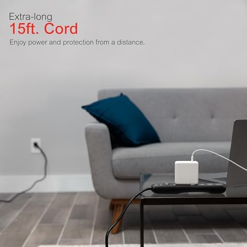 GE Surge Protector Power Strip, 15 Ft Extension Cord, 6 Outlet Extender, 800 Joules, Flat Plug, Twist-to-Close Safety Covers, UL Listed, Black, 2 Pack, 54650 - Image 4